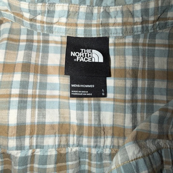 The North Face Shirt Tan Plaid Short Sleeve Men's Large Button Down 100% Cotton - Picture 5 of 7